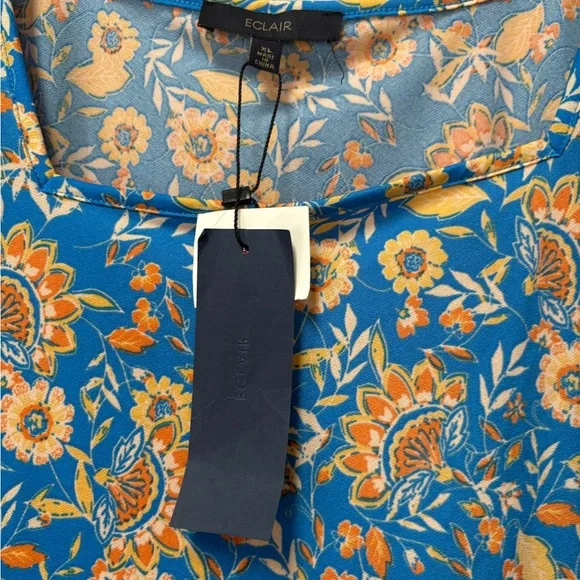 Blue Floral Ruffle Sleeve Blouse XL Boho Cottagecore Top - Picture 3 of 5